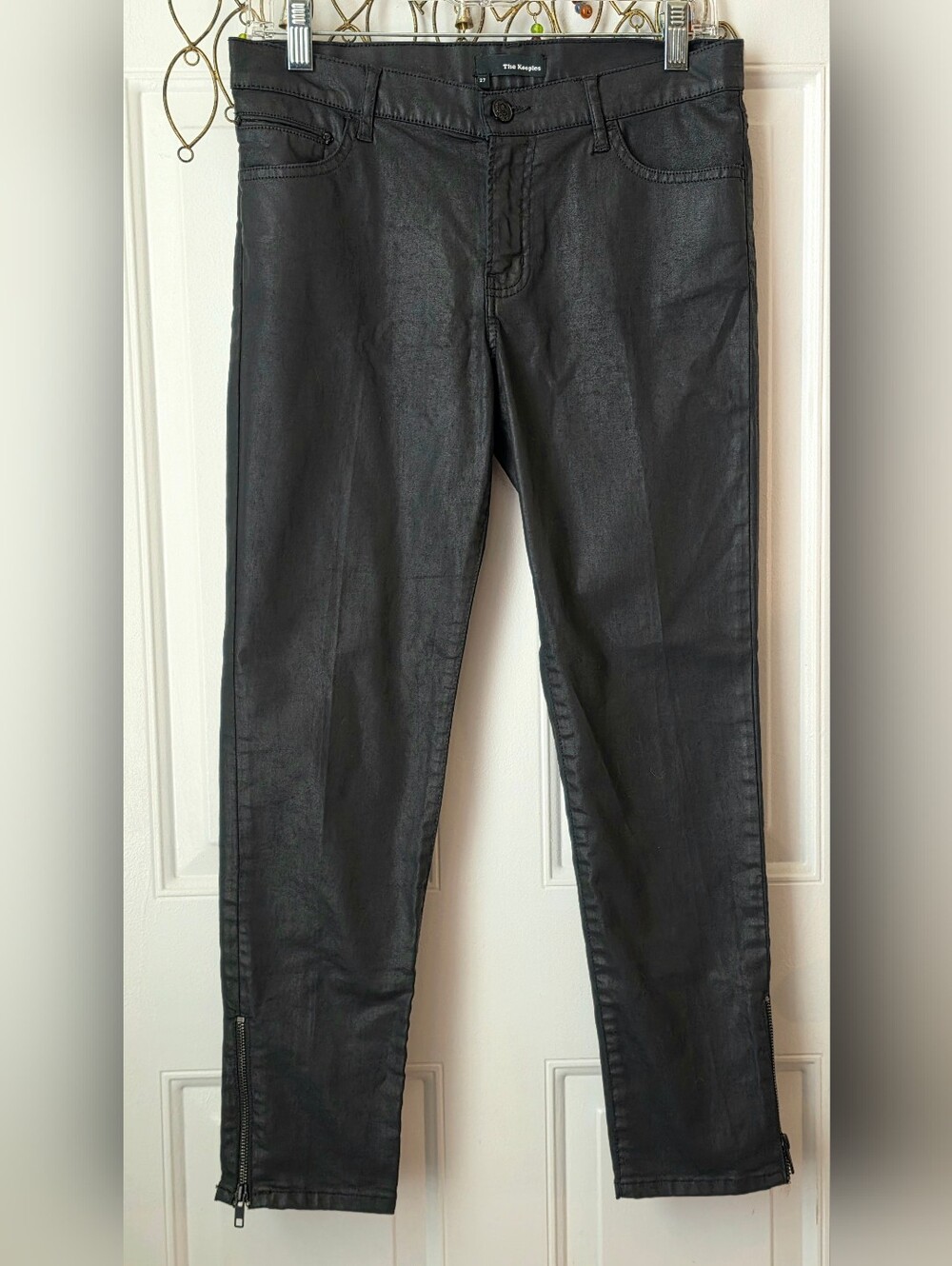 The Kooples Black Leather-Effect Slim Jeans Womens 27 Zipper Ankle Skull Deatils